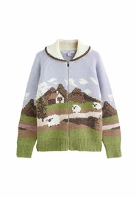 Knit zip-up cardigan in light blue with green, brown, and white landscape design featuring mountains, sheep, and clouds. Ribbed knit edges.