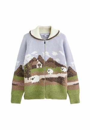 Knit zip-up cardigan in light blue with green, brown, and white landscape design featuring mountains, sheep, and clouds. Ribbed knit edges.