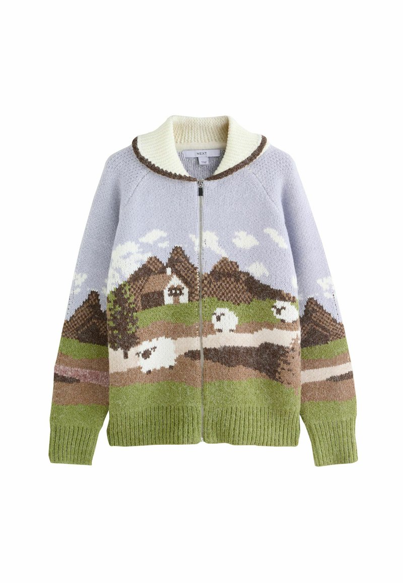 Knit zip-up cardigan in light blue with green, brown, and white landscape design featuring mountains, sheep, and clouds. Ribbed knit edges.