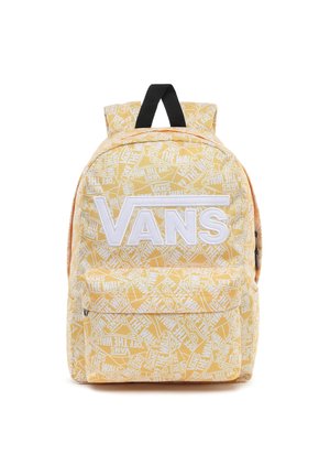Sac à dos Yellow Vans avec des logos blancs "Vans Off The Wall" partout et un grand logo Vans blanc sur la poche avant, avec une poignée boucle noire.
