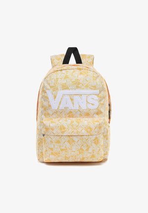 Sac à dos Yellow Vans avec des logos blancs "Vans Off The Wall" partout et un grand logo Vans blanc sur la poche avant, avec une poignée boucle noire.