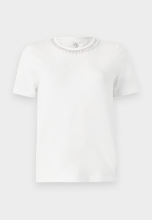 Valkoinen lyhythihainen t-paita, jossa on pyöreä pääntie ja koristeellinen helmikaulus. Valmistettu sileästä, pehmeästä kankaasta.