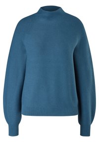 Pull en tricot bleu à manches longues avec poignets, ourlet et col montant côtelés, présenté sur un fond blanc.