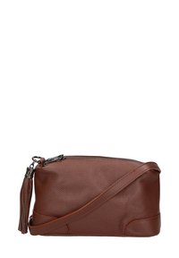 Borsa a tracolla in pelle marrone con finitura testurizzata, chiusura con zip, tracolla regolabile e dettaglio con nappina su un lato. Forma rettangolare compatta.