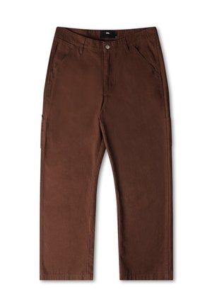 Brown cargo pants made of a durable fabric. Features straight legs, side pockets, and a zip fly with button closure.