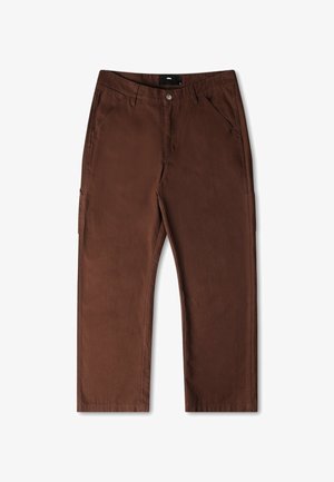 Braune Cargo-Hosen aus einem strapazierfähigen Stoff. Mit geraden Beinen, seitlichen Taschen und einem Reißverschluss mit Knopfverschluss.