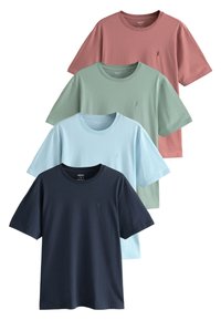 Vier kurzärmelige T-Shirts vertikal gestapelt: Farben sind Pink, Grün, Hellblau und Marineblau. Hergestellt aus Baumwolle mit Rundhalsausschnitt und Logodetail.