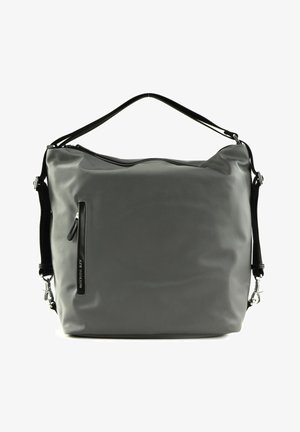 Borsa impermeabile grigia con una texture liscia, con una parte superiore con zip, una tasca laterale e una tracolla regolabile. Caratterizzata da dettagli in metallo nero.