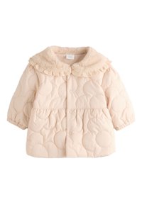 Veste matelassée rose doux, dotée d'un col en peluche à volants. Le corps présente un motif circulaire matelassé et une fermeture à boutons. Manches courtes.