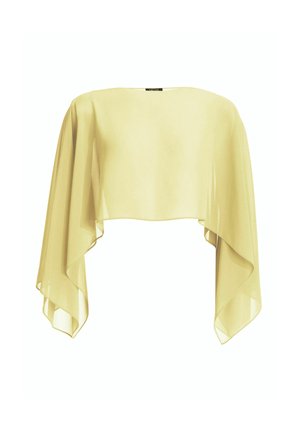 Light yellow sheer cape blouse with wide flowing sleeves and boat neckline, cropped length, made of translucent fabric.