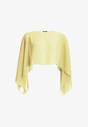 Lichtgele doorschijnende capeblouse met brede, vloeiende mouwen en een boothals, kort model, gemaakt van doorzichtig materiaal.