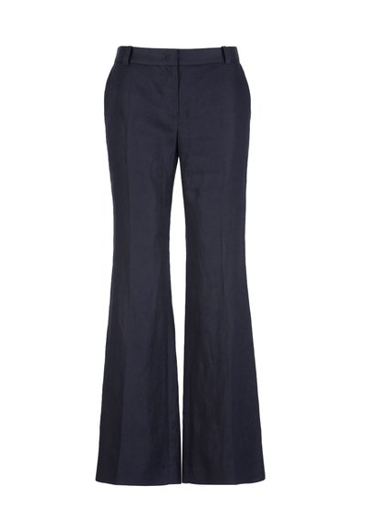 Pantalon bleu marine à jambes larges avec passants de ceinture et détails de couture avant, coupe ajustée avec un léger évasement à l'ourlet.