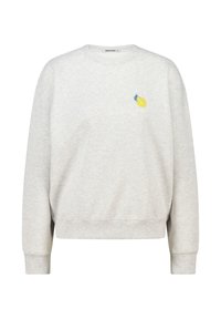 Light gray sweatshirt made of soft material, featuring a relaxed fit, round neck, and small yellow lemon embroidery on the chest.