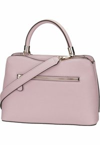 Borsa a mano strutturata rosa con finitura testurizzata, hardware color oro, manico superiore e tracolla rimovibile. Presenta una tasca con zip frontale.