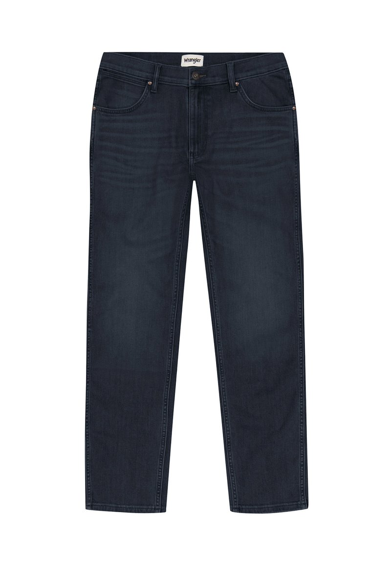 Jeans de mezclilla azul oscuro con un diseño de pierna recta, que cuentan con una clásica cintura con botones y cremallera, cinco bolsillos y sutiles detalles de costura.