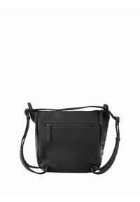 Bolso de mano de cuero negro con una sola correa para el hombro, un bolsillo con cremallera en la parte delantera, textura suave y detalles en relieve en un lado.