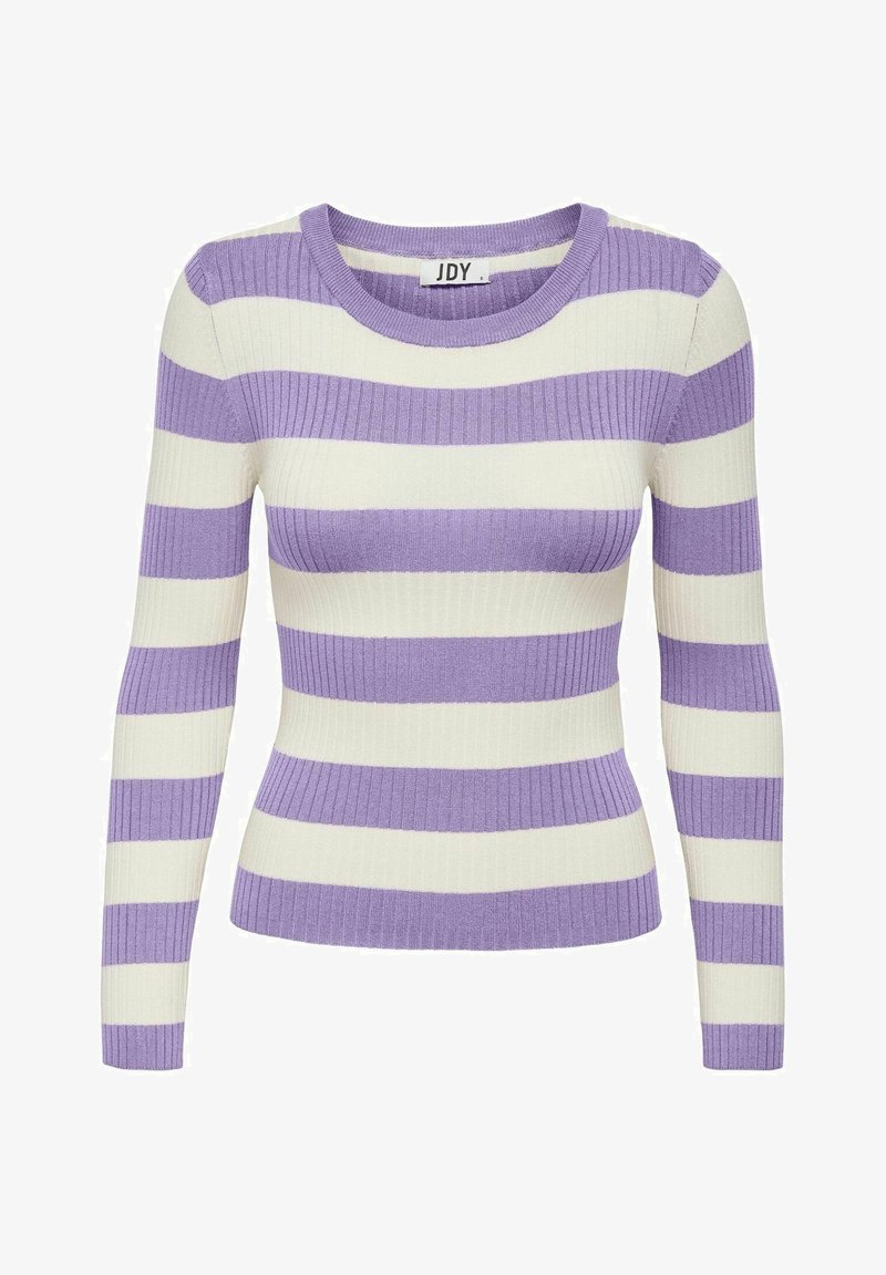 Gerippter Pullover mit langen Ärmeln und rundem Ausschnitt, mit abwechselnd dicken weißen und lavendelfarbenen Streifen. Der Stoff wirkt weich und elastisch.