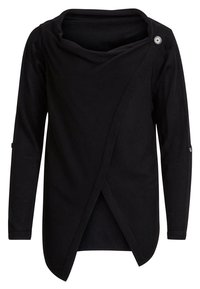 Svart långärmad topp med asymmetrisk design, draperad halsringning och knappdetalj på axeln. Slät stickad tyg.