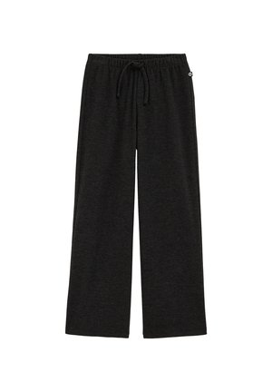 Zwarte, brede broek van zacht stof. Elastische tailleband met een trekkoord. Eenvoudig ontwerp zonder patronen.