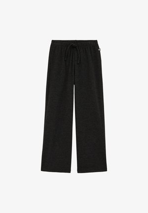 Crne hlače širokog kroja od mekog materijala. Elastična gumica s vezicom. Jednostavan dizajn bez uzoraka.