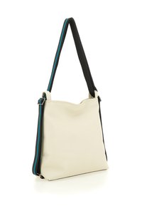 Borsa a spalla in pelle bianca dalla texture morbida, con una tracolla nera arricchita da dettagli turchesi e una forma snella e contemporanea.