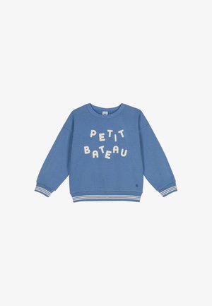 Blå bomuldssweatshirt med hvide bogstaver "PETIT BATEAU", ribbad nederste kant og ærmer med hvide striber, afslappet pasform og rund halsudskæring.