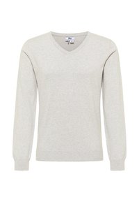 Pulover v-neck de culoare gri deschis, realizat dintr-un material moale, cu mâneci lungi și manșete răsucite, oferind o potrivire relaxată și confortabilă.