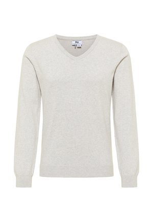 Jasnoszary sweter z dekoltem w serek, wykonany z miękkiego materiału, z długimi rękawami i ściągaczami na mankietach, zapewniający luźny i komfortowy krój.