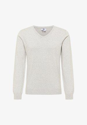 Hellegrauer V-Ausschnitt-Pullover aus weichem Material, mit langen Ärmeln und gerippten Bündchen, die eine lockere und bequeme Passform bieten.
