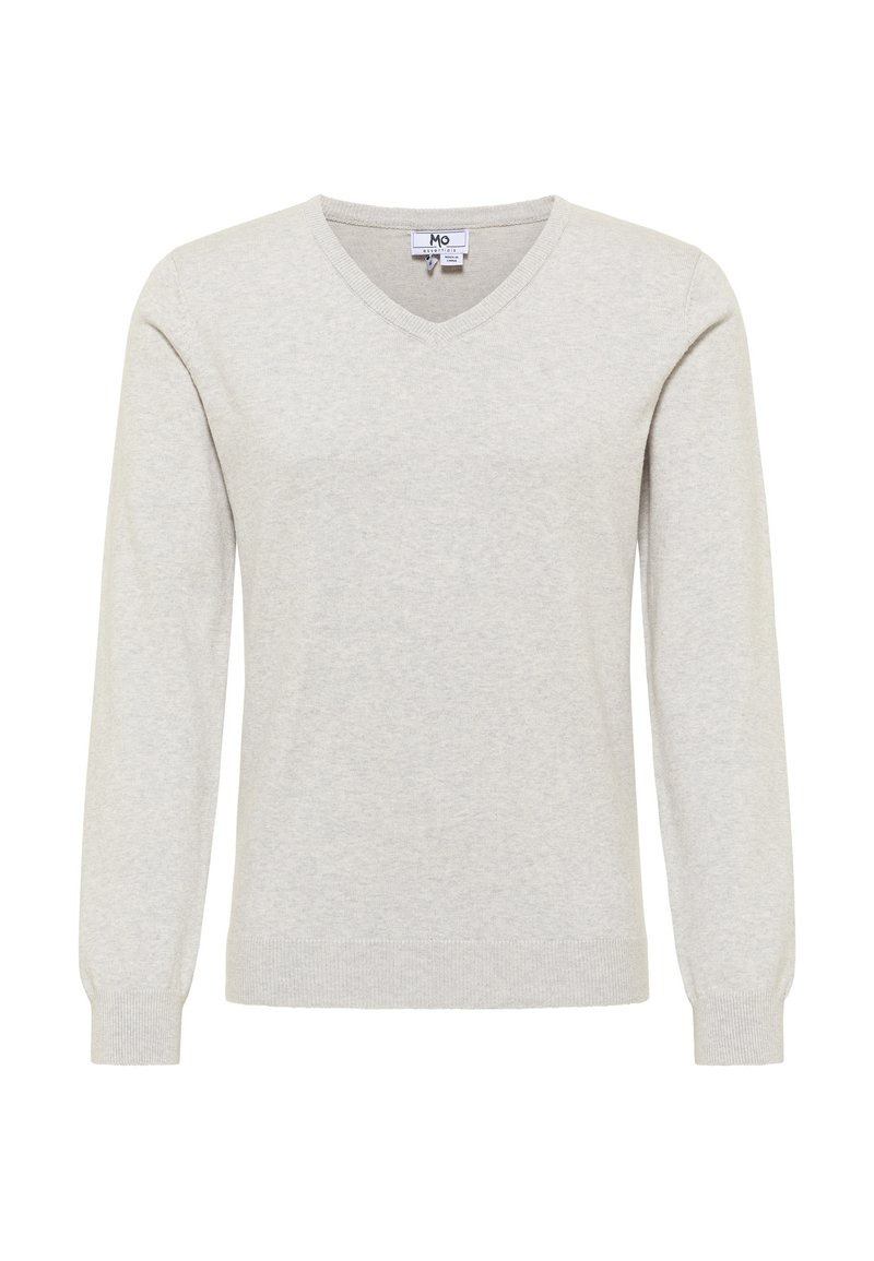 Pulover v-neck de culoare gri deschis, realizat dintr-un material moale, cu mâneci lungi și manșete răsucite, oferind o potrivire relaxată și confortabilă.
