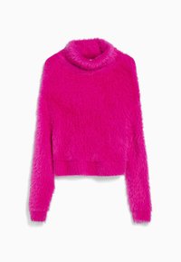Flauschiger rosa Pullover mit hohem Kragen und langen Ärmeln. Hat ein kurzes Design und weichen, strukturierten Stoff. Keine sichtbaren Verschlüsse.