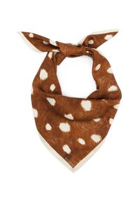 Brūns šalle ar baltām punktiņām, kurai ir maiga tekstūra un trīsstūrveida forma. Malām ir gaiši bēša apmale. Zīmols: Kazari.