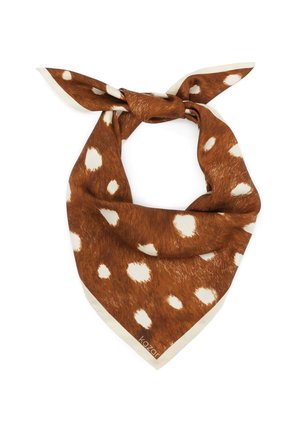 Brūns šalle ar baltām punktiņām, kurai ir maiga tekstūra un trīsstūrveida forma. Malām ir gaiši bēša apmale. Zīmols: Kazari.