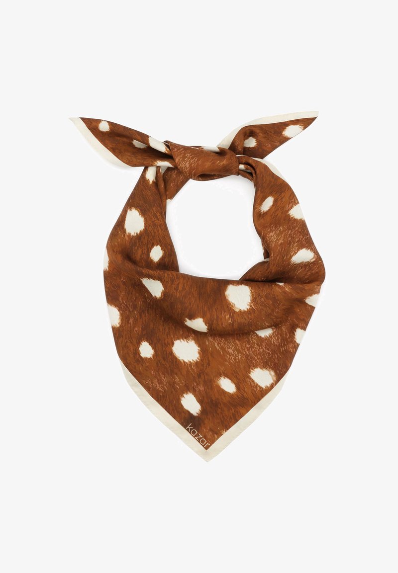 Brūns šalle ar baltām punktiņām, kurai ir maiga tekstūra un trīsstūrveida forma. Malām ir gaiši bēša apmale. Zīmols: Kazari.