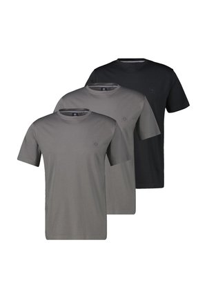 Tre t-shirt semplici a maniche corte con scollo rotondo, nei colori nero, grigio scuro e grigio chiaro, disposte sovrapposte.