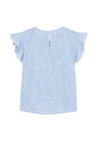 Blau-weißer gestreifter Kurzarmoberteil mit Rüschensleeves und einer Schlitzöffnung hinten. Leichter Stoff mit weicher Textur.