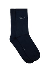 Marinblå strumpor gjorda av ett slätt tyg, med en mjuk, elastisk mudd och en diskret logotyp i grått på sidan.