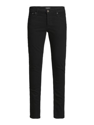 Jean en denim noir à coupe slim, avec une fermeture à bouton, cinq poches et passants de ceinture. Texture lisse et détails minimaux.