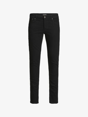 Schwarze Denim-Jeans im Slim-Fit-Schnitt, mit einem Knopfverschluss, fünf Taschen und Gürtelschlaufen. Glatte Textur und minimale Details.
