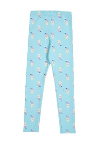 Leggings azzurri chiari con un motivo ripetuto di bevande gelato gialle e viola, realizzati in un tessuto morbido ed elastico.