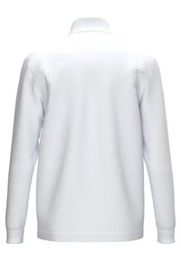 Pullover blanco de manga larga con cuello alto. Hecho de una tela suave, con una parte posterior sin costuras y puños acanalados. Sin logotipos ni patrones visibles.