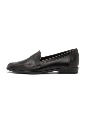 Dark brown leather loafers with a smooth finish, featuring a small raised penny slot on the upper and a low, rectangular heel.