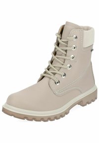 Bottine en cuir beige à lacets, avec œillets en métal, col rembourré et semelle en caoutchouc texturé pour une bonne adhérence.