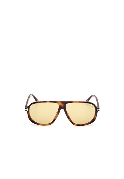 Aurinkolasit, joissa on kilpikonnakuosiset suorakulmion muotoiset kehykset, keltaiset sävytetyt linssit ja huomaamaton logo sivulla. Tekstuuriset vartaat pitävää otetta varten.