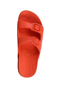 Red rubber sandal with two adjustable straps featuring metal buckles, textured footbed, and a simple, open-toe design.
