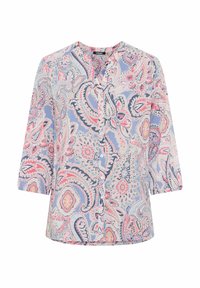 Camicia button-up in tessuto leggero, con un motivo paisley multicolore in toni di blu, rosa e crema. Maniche a tre quarti.