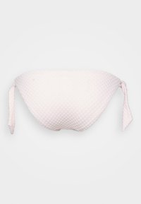 Top de bikini rosa claro com um tecido texturizado, semelhante a um waffle. Apresenta laços de ambos os lados para um ajuste ajustável. Design liso e sem costuras.