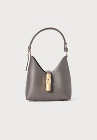Gray leather handbag with a structured body, a short handle, and a gold lock accent at the front, featuring a smooth texture and rounded edges.