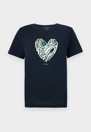 Navy blue cotton T-shirt with a heart-shaped graphic in green and cream swirl patterns. Crew neck, short sleeves, and a straight hem.
