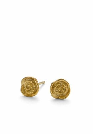 Pair of small gold stud earrings shaped like detailed roses on a white background.